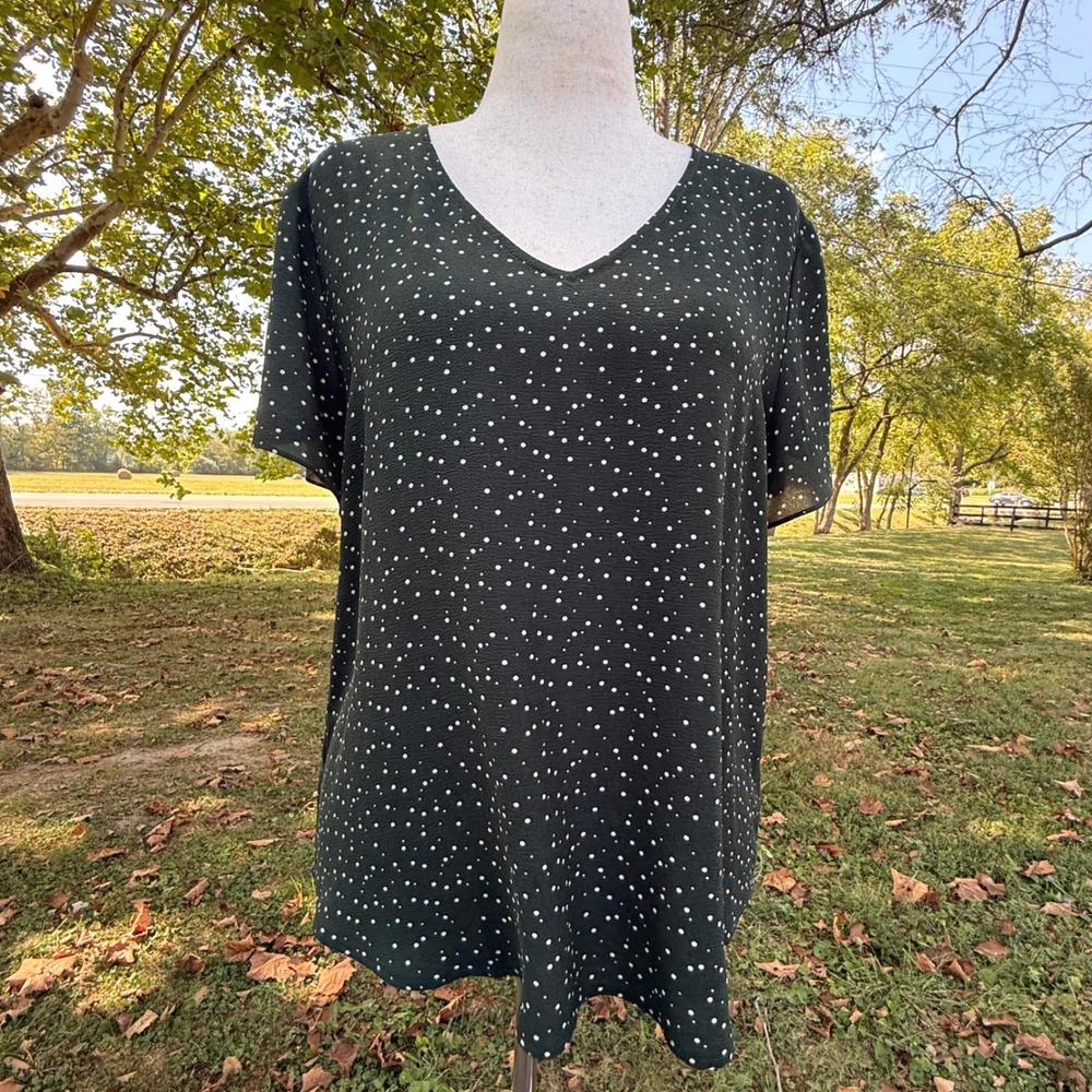 41 Hawthorn Womens XL Petite Green Polka Dot V-Neck Blouse WGW10478-PE Modest